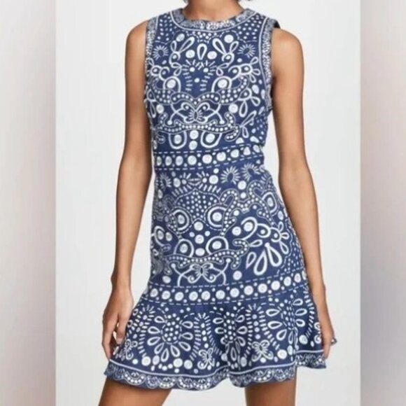 Alice + Olivia Dresses & Skirts - ALICE + OLIVIA Rapunzel Embroidered Denim Flounce Mini Sheath Dress Size 0